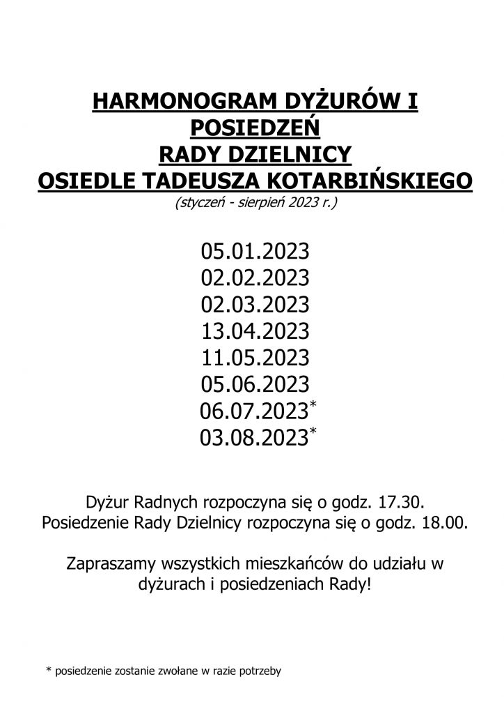 harmonogram dyżurów i posiedzeń rady dzielnicy os. T. Kotarbińskiego w Zabrzu